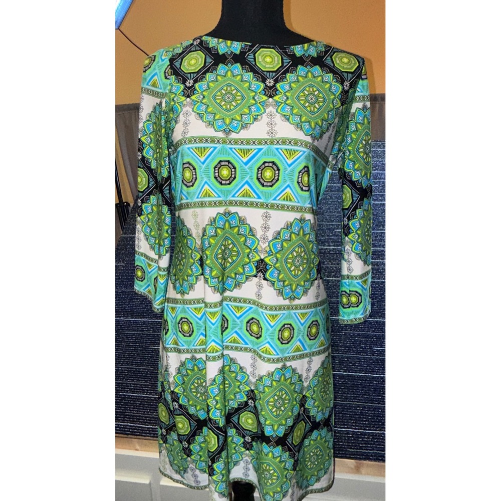 London Times ShiftDress Women 10P GreenBlue Geometric Medallion Excellent 3/4 Sl